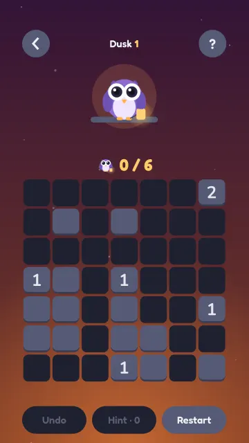 Owlight Dusk level 1: a 7 by 7 board with numbered walls under a warm sunset sky.